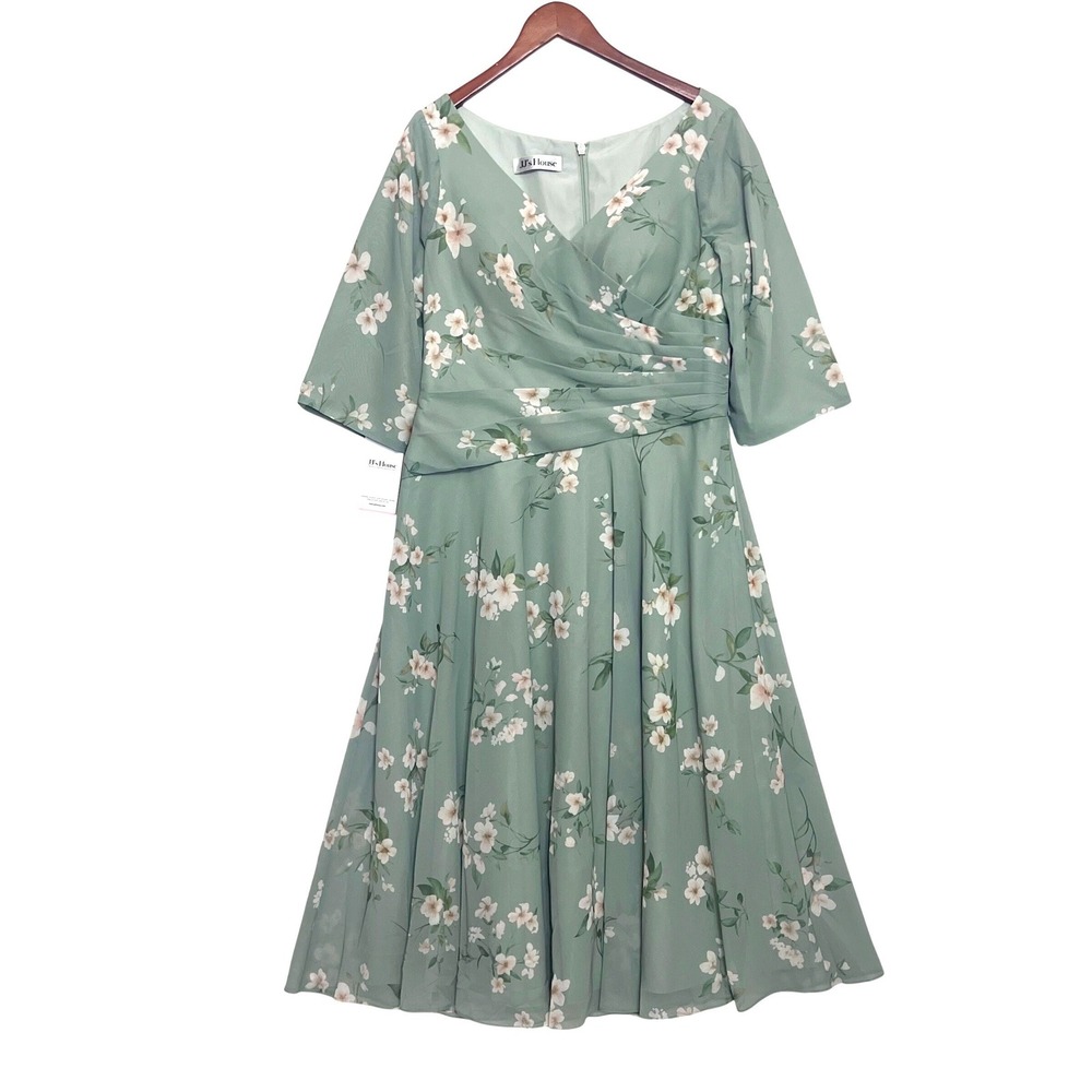 JJ's House Sage Green Floral Chiffon A-Line Dress 12 Mother of Bride Wedding New